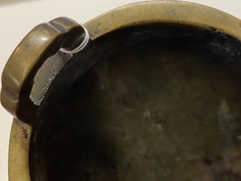 A Chinese silver inlaid bronze censer, Shi Shou mark, 19th C.